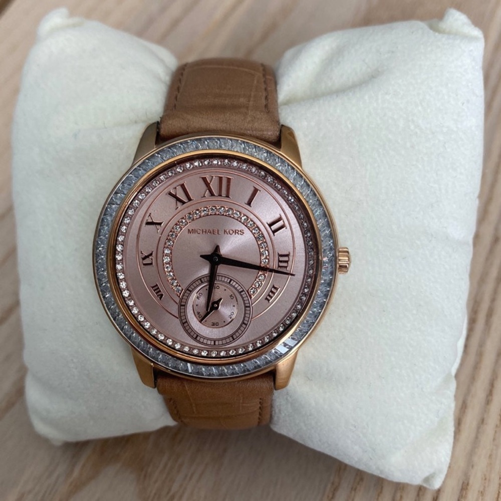 Michael Kors Madelyn Pavé Rose Gold-Tone and Leather Watch